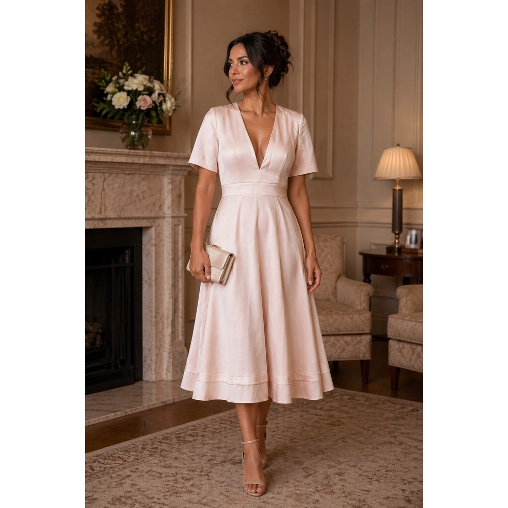 LanTing Bride Blush Satin Plunging V-Neck Fit & Flare Dress Small Romantic